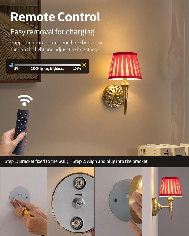 KDG Cordless Wall Sconces Set of 2, Small Wireless 5200mAh Rechargeable Battery Fabric LED Wall Lamps, Portables Lightings for Wall Painting, Living Room, Bedroom, Hallway, Gifts, Night Light (Red) - Image 4